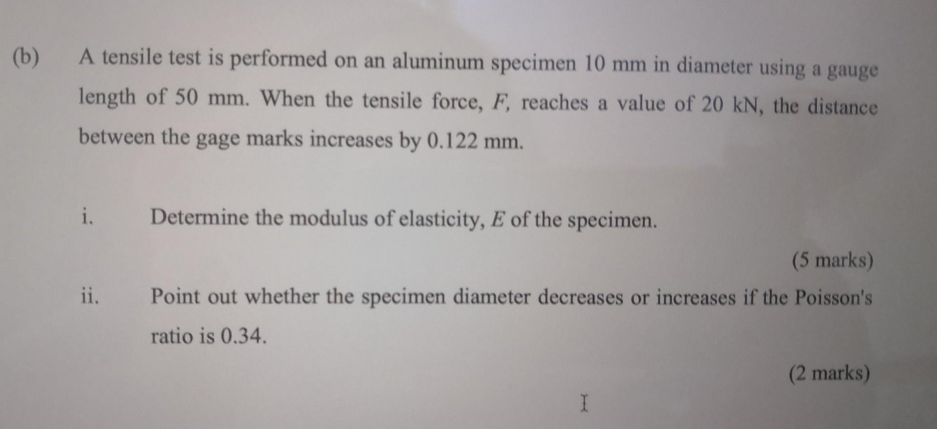Solved (b) A tensile test is performed on an aluminum | Chegg.com
