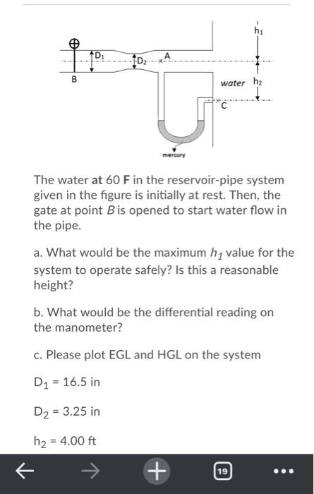 hi D1 D2 А B water h2 mercury The water at 60 F in | Chegg.com
