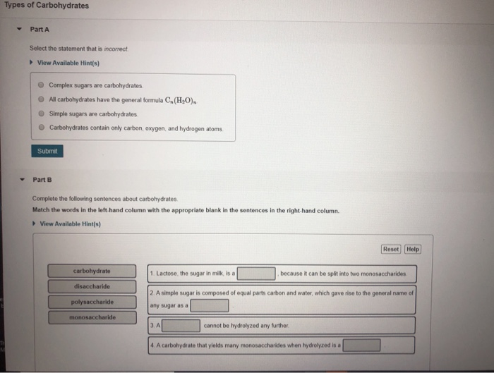 Types Of Carbohydrates Part A Select The Statement Chegg 