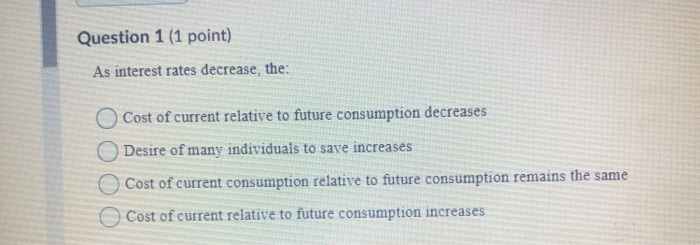 Solved Question 1 (1 point) As interest rates decrease, the: | Chegg.com