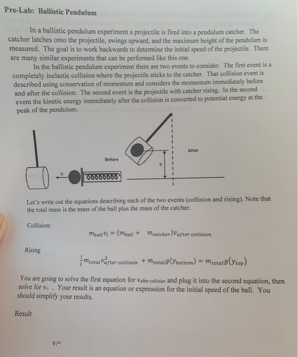 Solved Pre-Lab: Ballistic Pendulum In A Ballistic Pendulum | Chegg.com