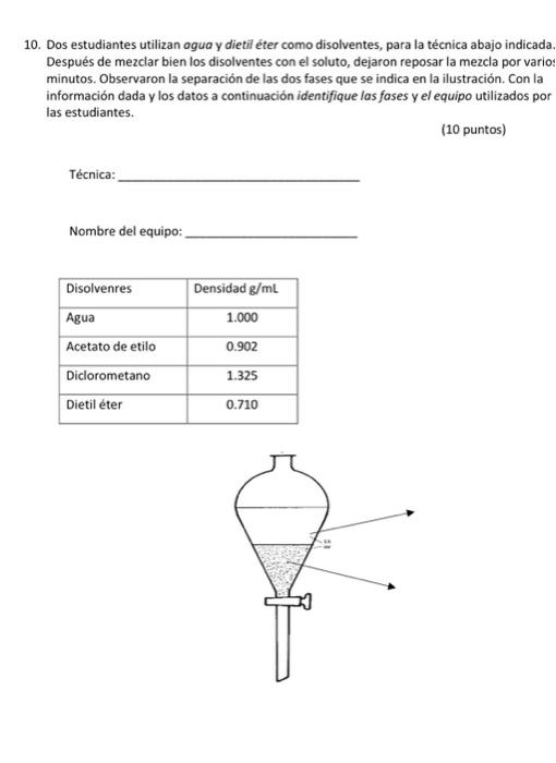 10. Dos estudiantes utilizan agua y dietil éter como disolventes, para la técnica abajo indicada. Después de mezclar bien los