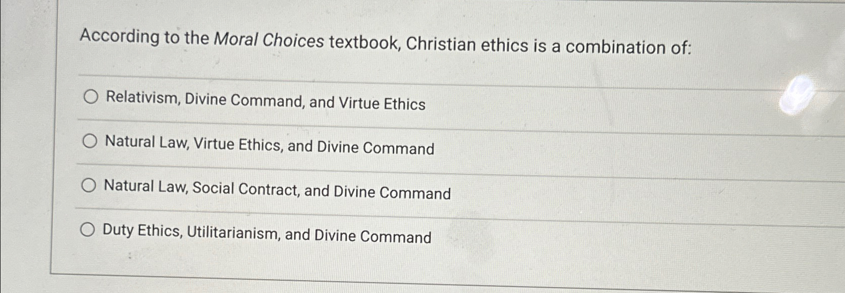 Solved According to the Moral Choices textbook, Christian | Chegg.com
