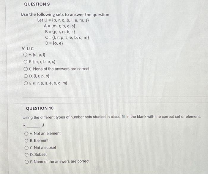 Solved Use the following sets to answer the question. Let | Chegg.com