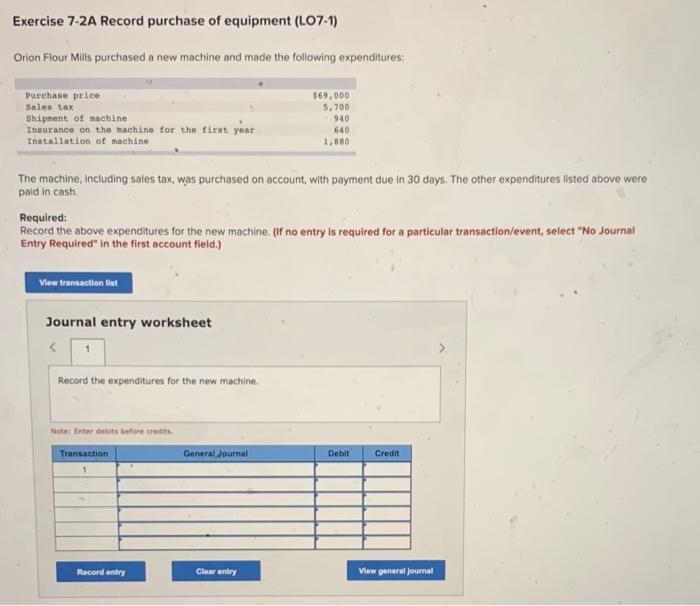 Solved Exercise 72A Record purchase of equipment (L071)