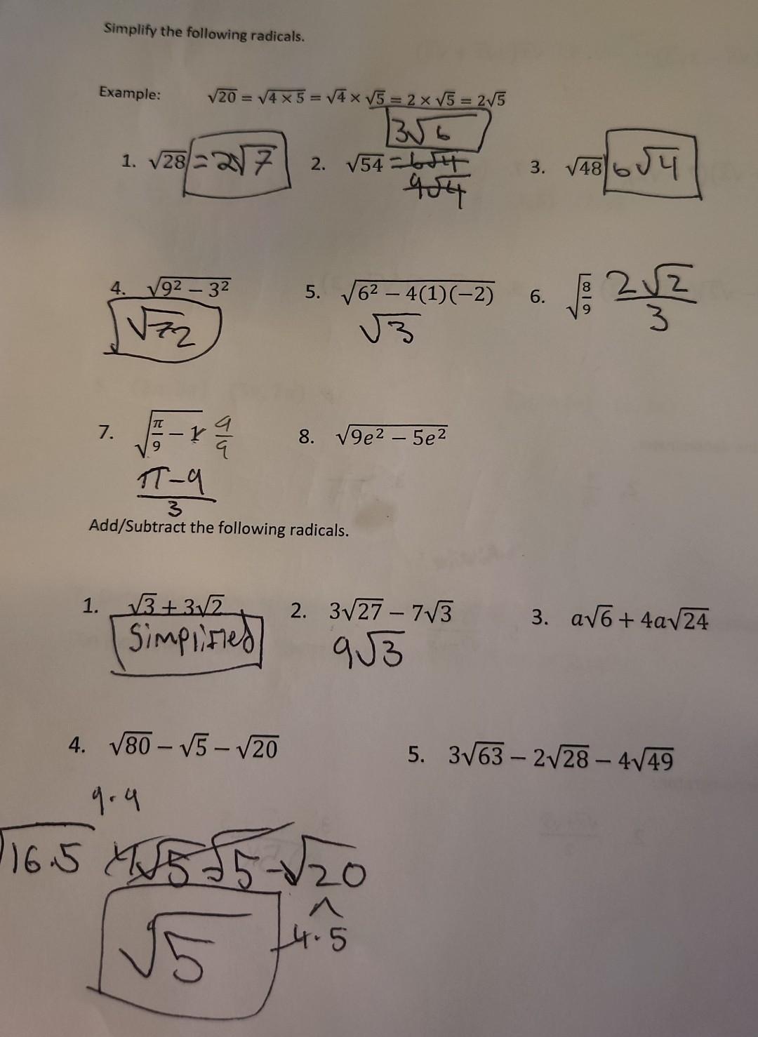 Solved Simplify the following radicals. Example: | Chegg.com