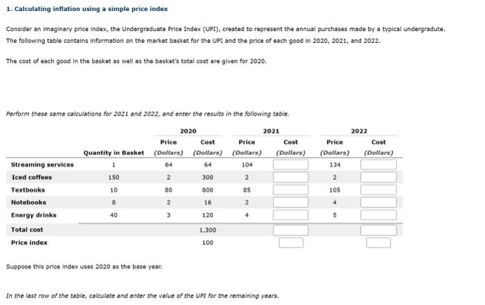 Solved 1. Calculating inflation using a simple price index | Chegg.com