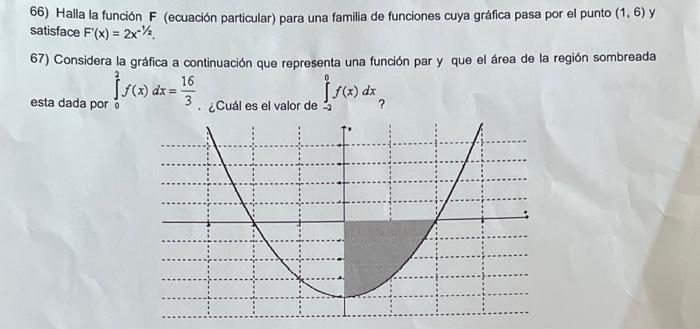 66) Halla la función \( F \) (ecuación particular) para una familia de funciones cuya gráfica pasa por el punto \( (1,6) \) y