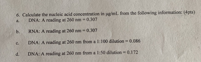 Solved 6. Calculate the nucleic acid concentration in ug/mL | Chegg.com