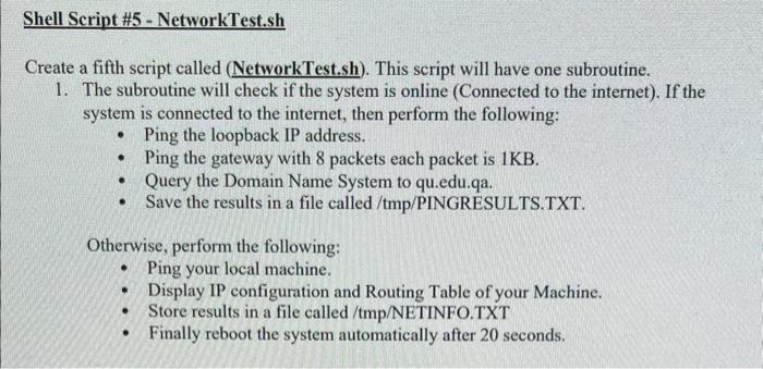 Solved Create a fifth script called (NetworkTest.sh). This | Chegg.com