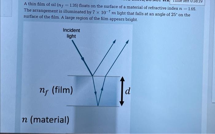 Solved 0:38:19 A thin film of oil (n = 1.35) floats on the | Chegg.com
