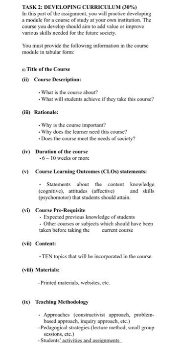 Solved TASK 2: DEVELOPING CURRICULUM (30\%) In this part of | Chegg.com