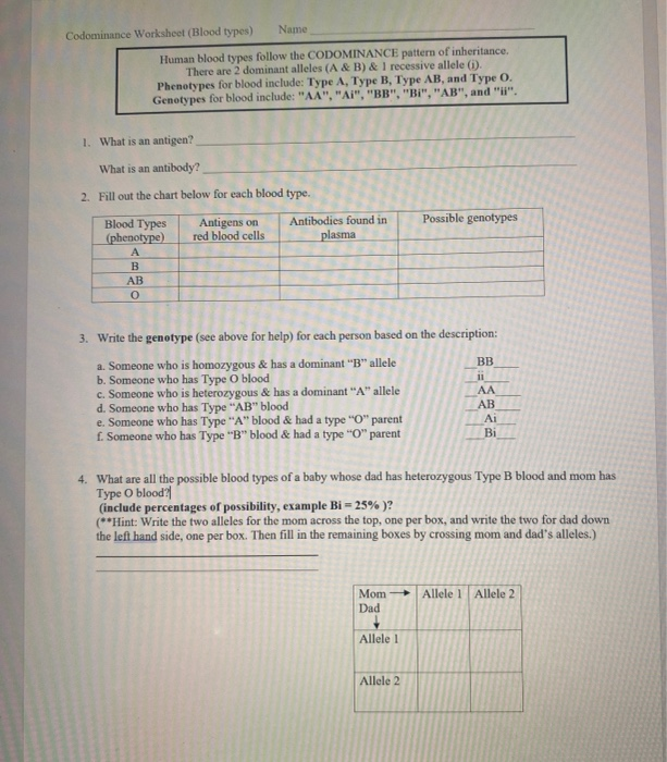 Solved Codominance Worksheet (Blood types) Name Human blood | Chegg.com
