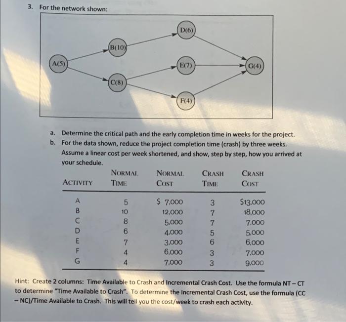 Solved 3. For The Network Shown: D(6) B(10) A(5) E(7) G(4) | Chegg.com