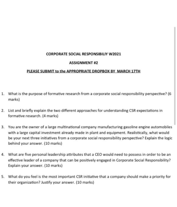 Solved CORPORATE SOCIAL RESPONSIBILIY W2021 ASSIGNMENT #2 | Chegg.com