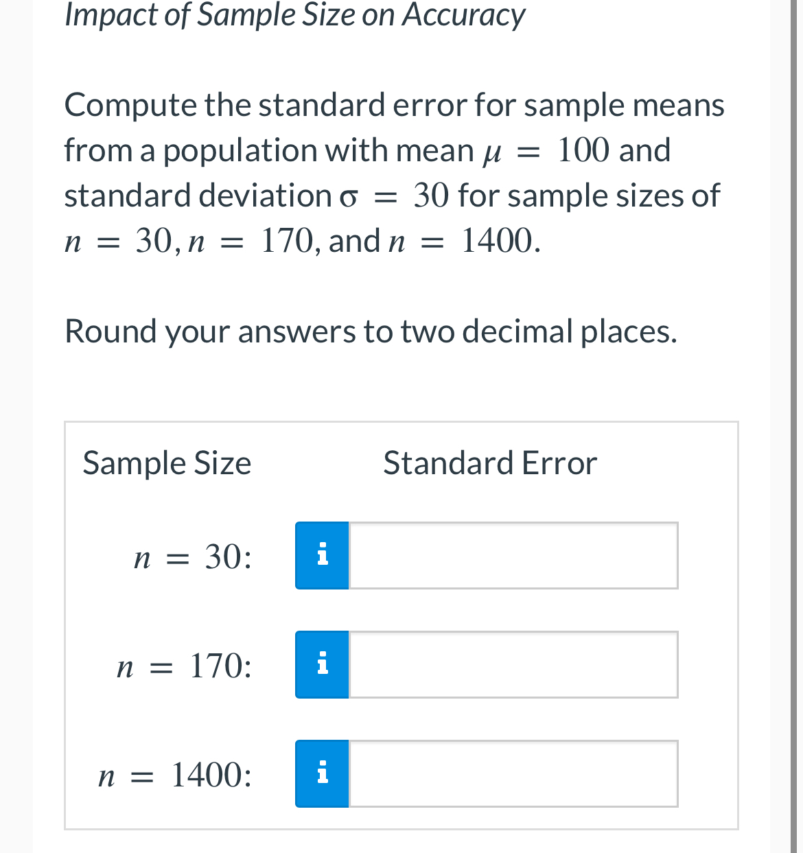Solved Impact of Sample Size on AccuracyCompute the standard | Chegg.com