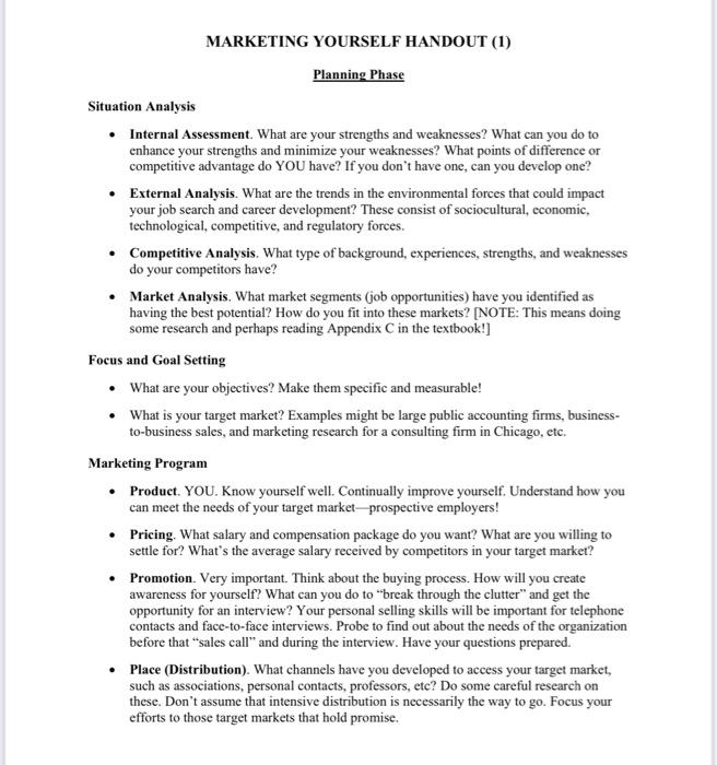 marketing yourself handout assignment