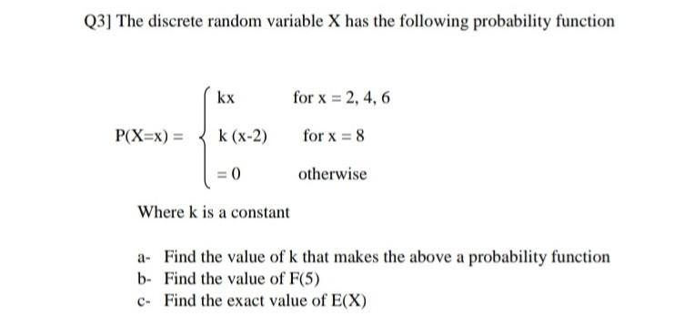 Solved Q3] The discrete random variable X has the following | Chegg.com