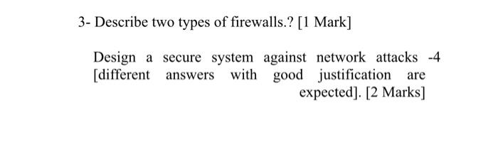 Solved 3- Describe two types of firewalls.? [1 Mark] Design | Chegg.com