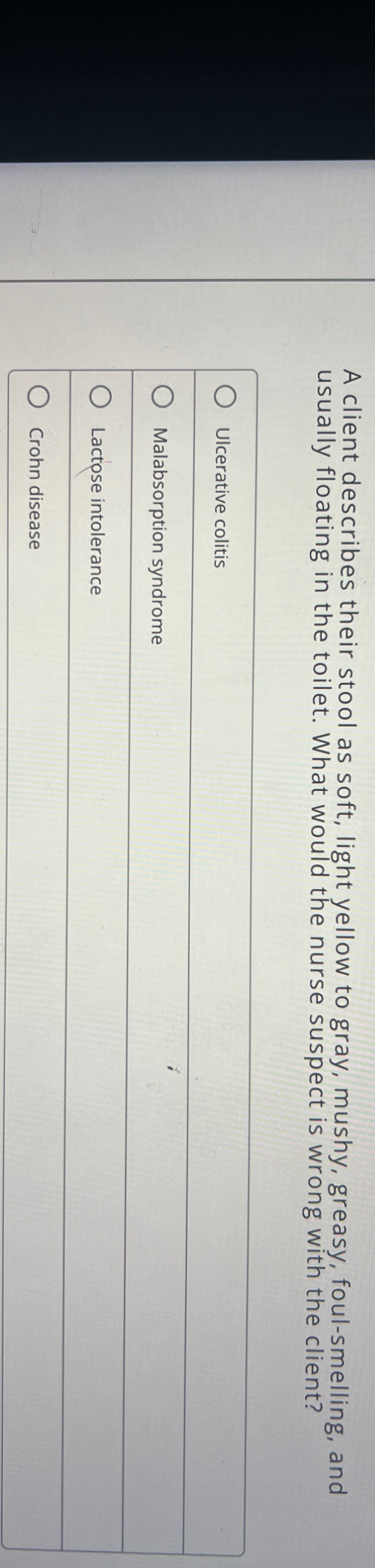 Solved A client describes their stool as soft, light yellow