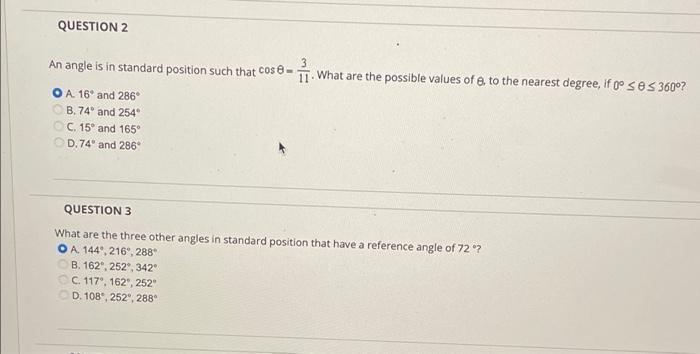 Solved QUESTION 2 An angle is in standard position such that | Chegg.com