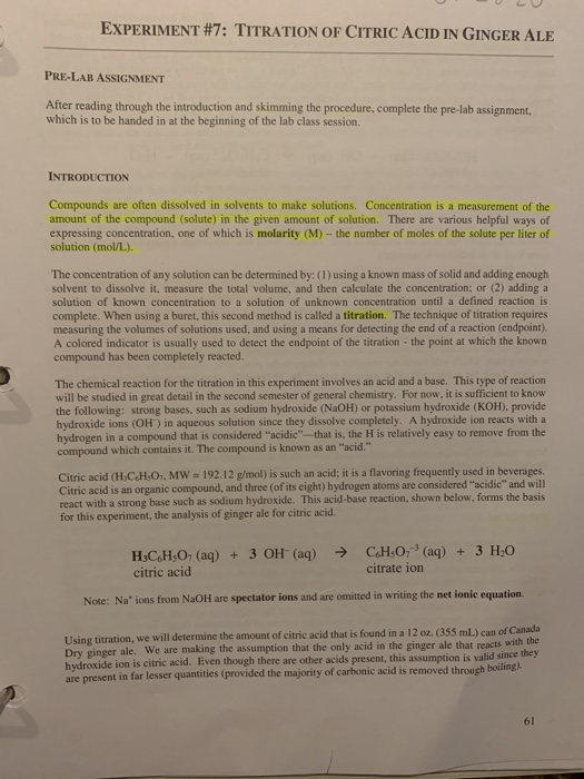 Solved EXPERIMENT 7 TITRATION OF CITRIC ACID IN GINGER ALE