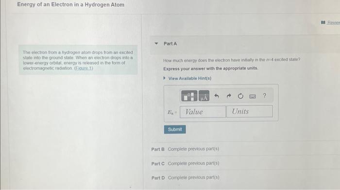 Solved Energy of an Electron in a Hydrogen Atom The electron | Chegg.com