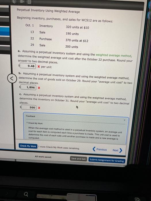 Solved perpetual inventory using weighted average beginning chegg