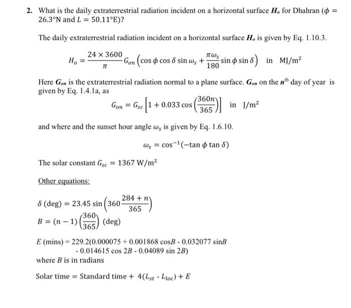 What is the daily extraterrestrial radiation incident on a horizontal surface \( \boldsymbol{H}_{o} \) for Dhahran \( (\phi= 
