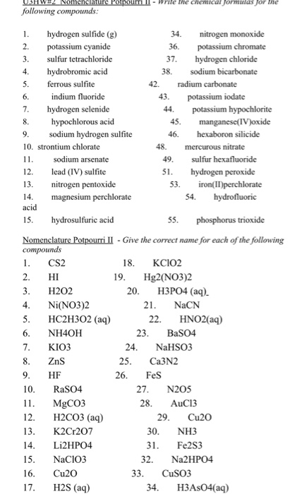 Solved While The Chemical Formulas For The Nomenclature P Chegg Com