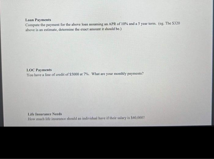 Solved Loan Payments Compute the payment for the above loan | Chegg.com