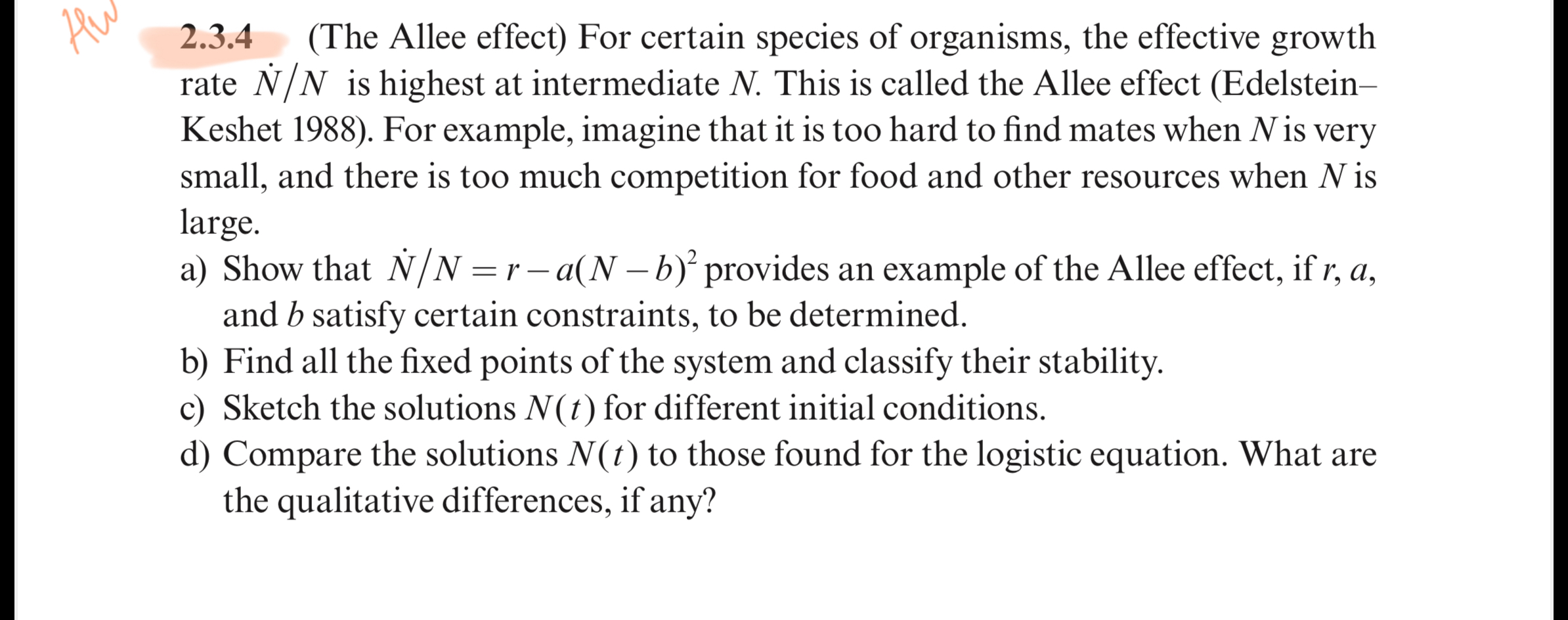 Solved 2.3.4 (The Allee effect) ﻿For certain species of | Chegg.com