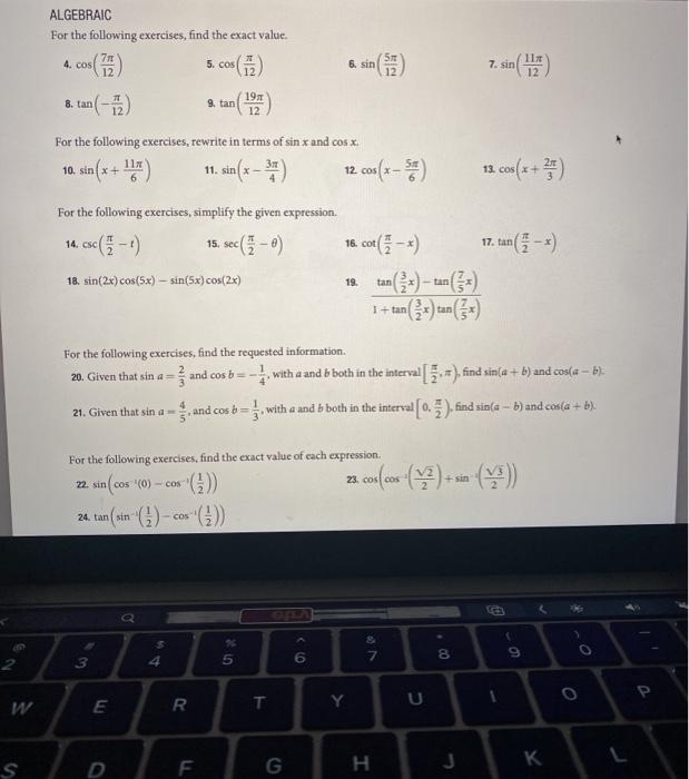 Solved ALGEBRAIC For the following exercises, find the exact | Chegg.com