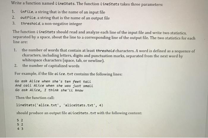 Solved Write a function named LineStats. The function | Chegg.com