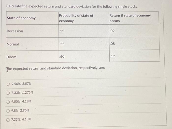 Solved Calculate the expected return and standard deviation | Chegg.com