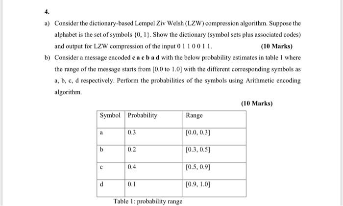 Solved 4 A Consider The Dictionary Based Lempel Ziv Welsh Chegg Com