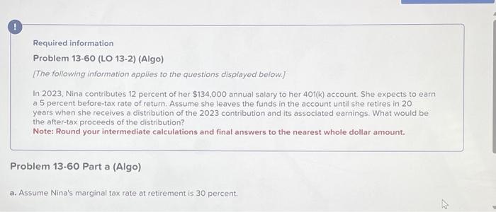 Solved Required Information Problem 13-60 (LO 13-2) (Algo) | Chegg.com