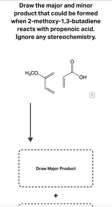 Draw the major and minor
product that could be formed
when 2-methoxy-1,3-butadiene
reacts with propenoic acid.
Ignore any ste