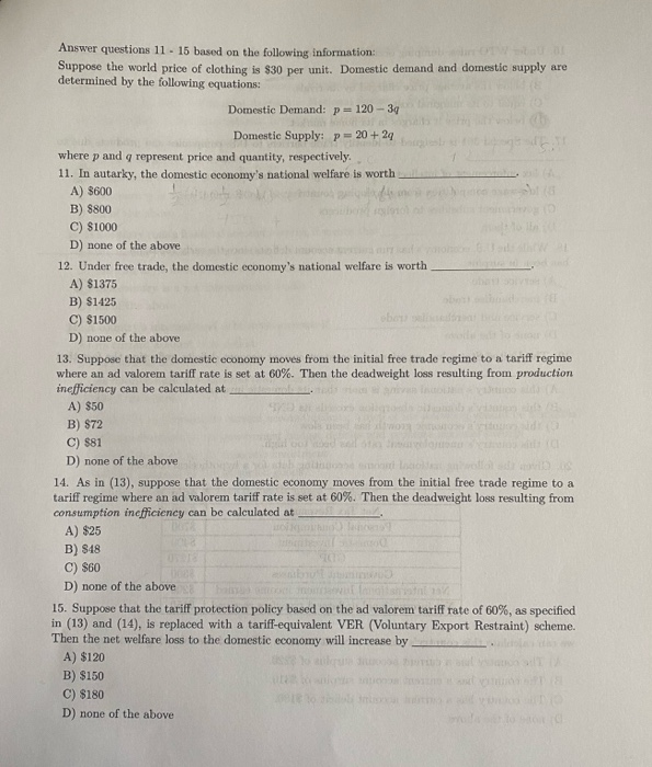 Solved Answer questions 11 - 15 based on the following | Chegg.com