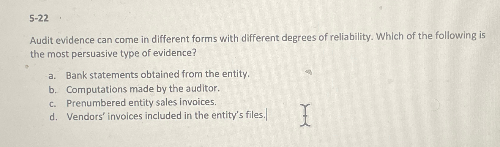 Solved 5-22\\nAudit evidence can come in different forms | Chegg.com