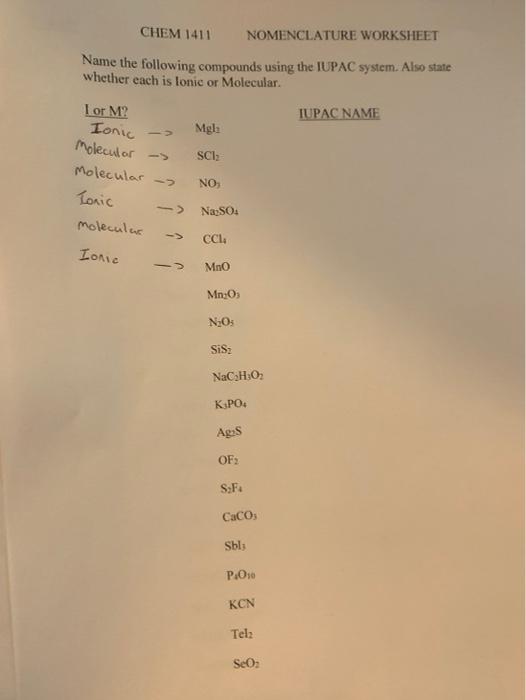 Solved CHEM 1411 NOMENCLATURE WORKSHEET Name The Following | Chegg.com