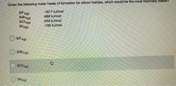 Solved Given the following molar heats of formation for | Chegg.com