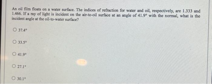 Solved An oil film floats on a water surface. The indices of | Chegg.com