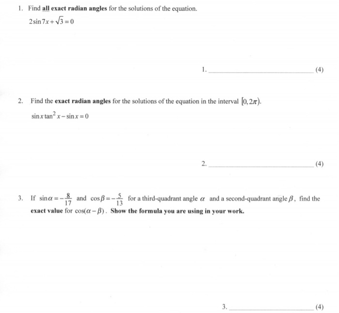 Solved 1. Find all exact radian angles for the solutions of | Chegg.com