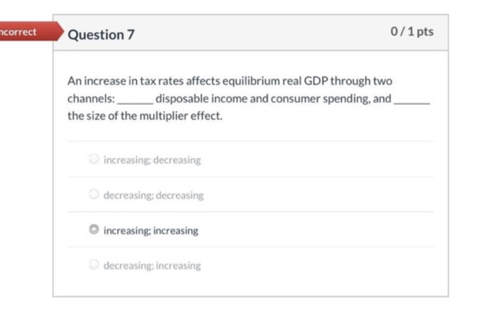 Solved ncorrect Question 7 0/1 pts An increase in tax rates | Chegg.com