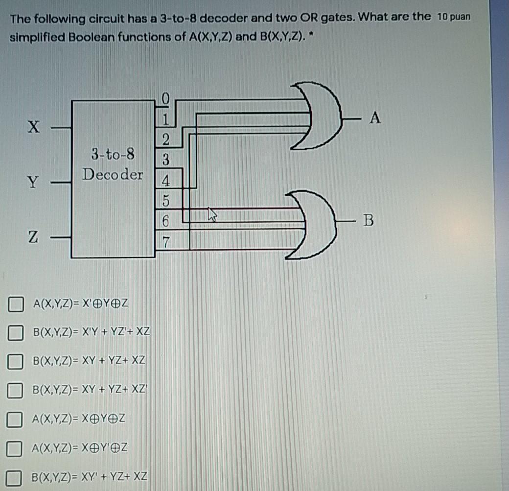 Solved The following circuit has a 3-to-8 decoder and two OR | Chegg.com