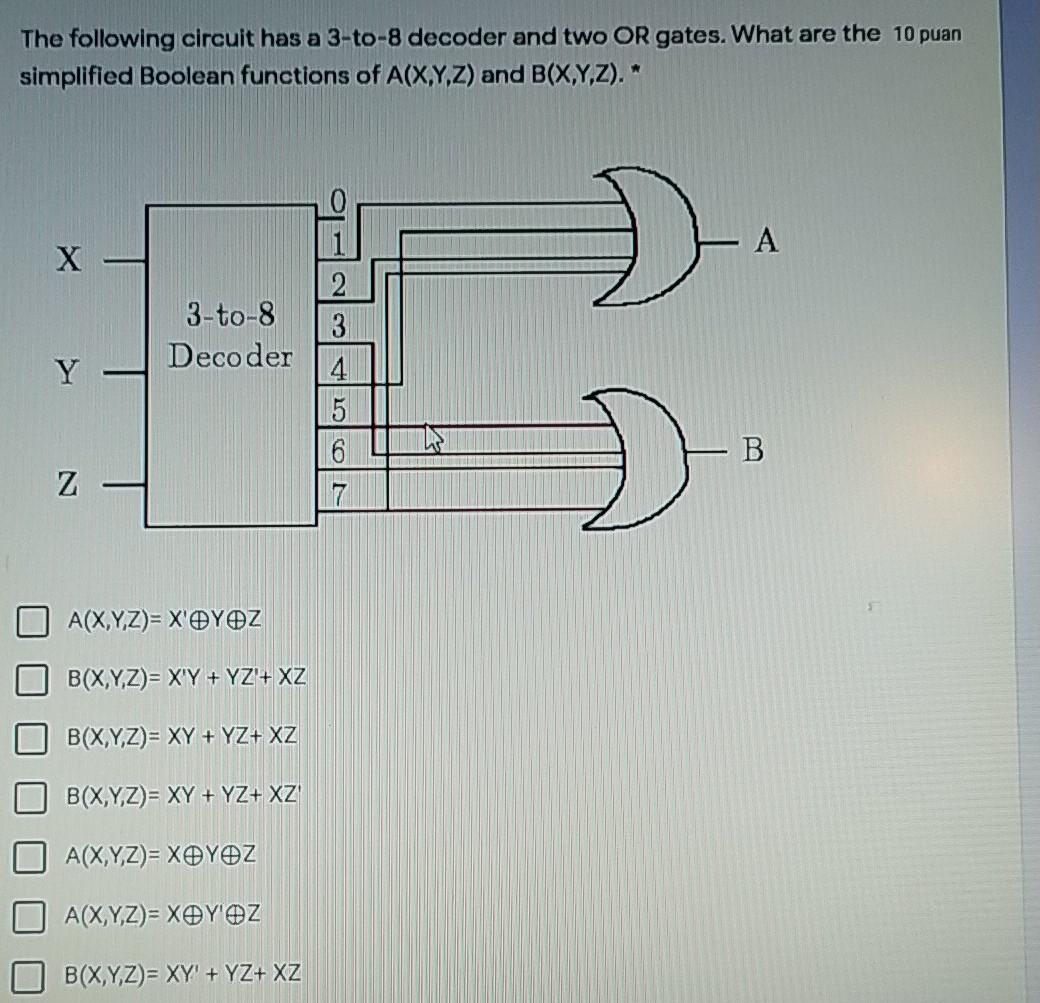 Solved The Following Circuit Has A 3-to-8 Decoder And Two OR | Chegg.com