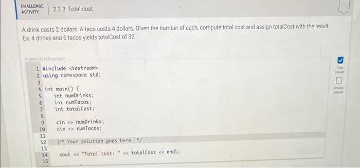 Solved A drink costs 2 dollars, A taco costs 4 dollars. | Chegg.com