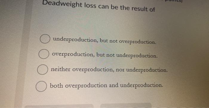 Solved Deadweight loss can be the result of underproduction, | Chegg.com