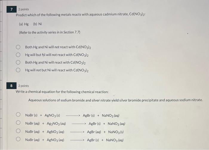 Solved 72 points Predict which of the following metals | Chegg.com
